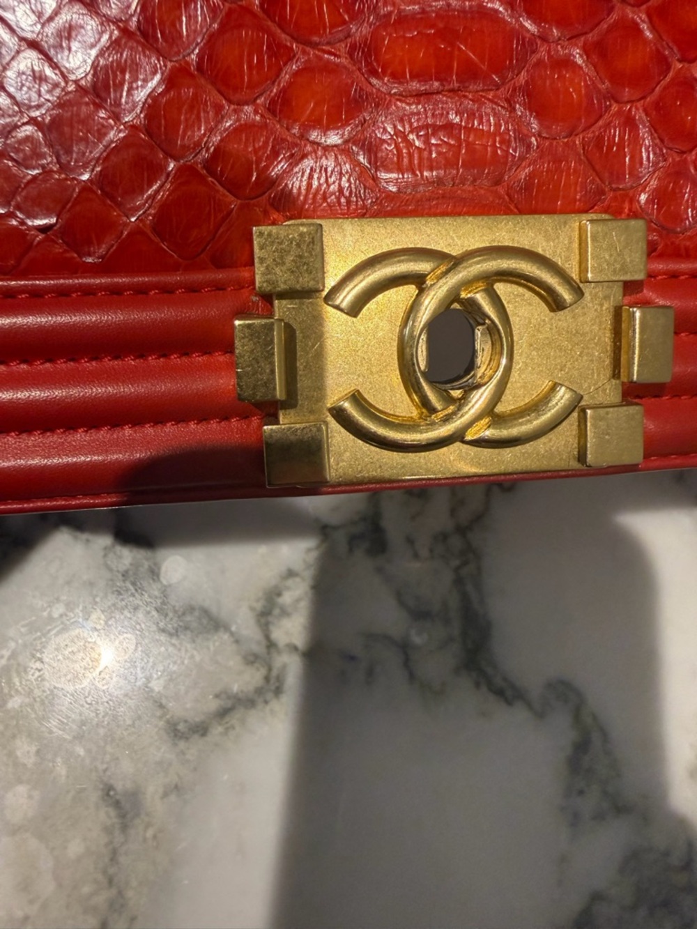 CHANEL Red Quilted Python Boy Bag with Gold-Tone Hardware - Picture 2 of 9